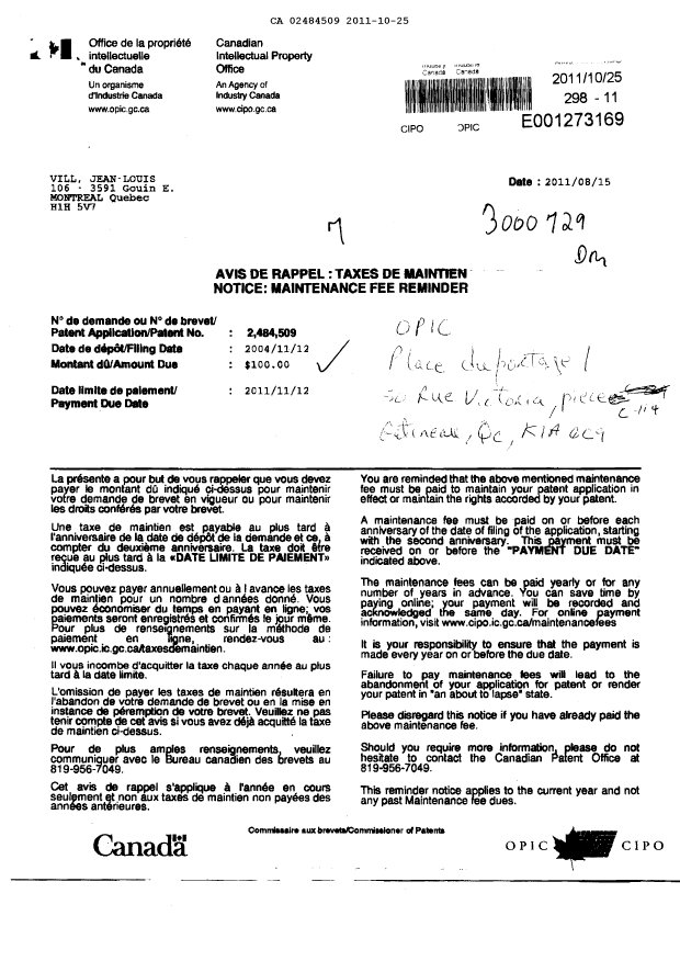 Document de brevet canadien 2484509. Taxes 20101225. Image 1 de 1