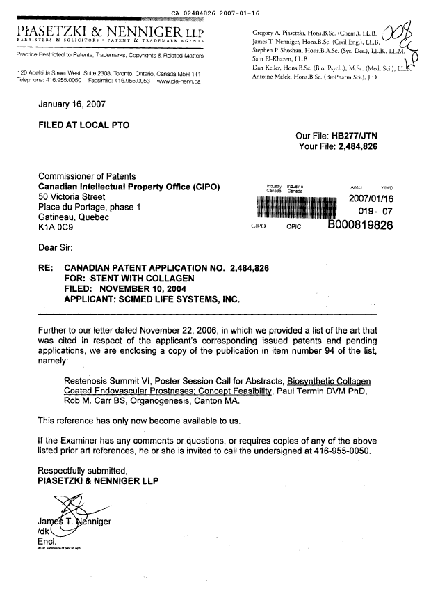 Canadian Patent Document 2484826. Prosecution-Amendment 20061216. Image 1 of 1