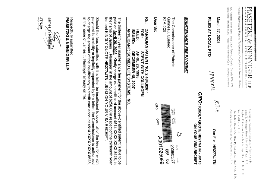 Document de brevet canadien 2484826. Taxes 20071227. Image 1 de 1
