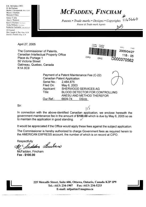 Document de brevet canadien 2484875. Taxes 20050427. Image 1 de 1