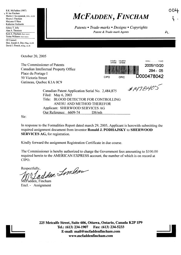 Document de brevet canadien 2484875. Cession 20051020. Image 1 de 4
