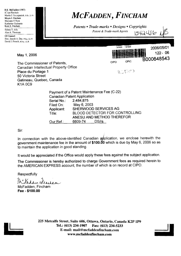 Document de brevet canadien 2484875. Taxes 20060501. Image 1 de 1