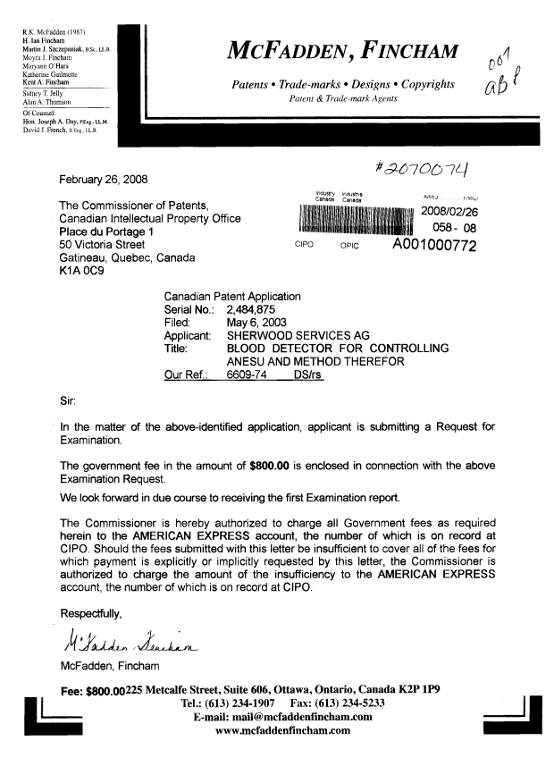 Canadian Patent Document 2484875. Prosecution-Amendment 20080226. Image 1 of 1