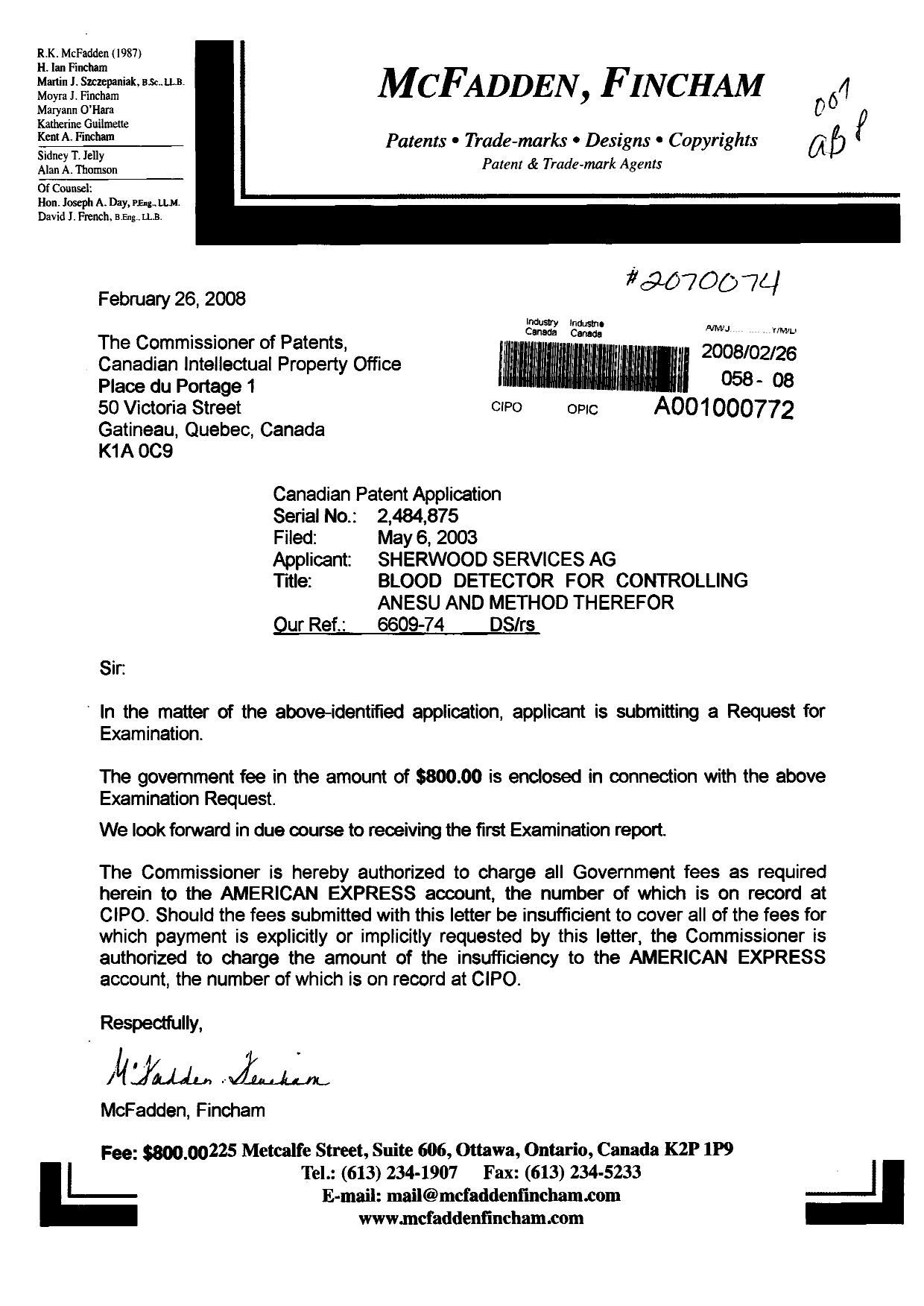Canadian Patent Document 2484875. Prosecution-Amendment 20080226. Image 1 of 1