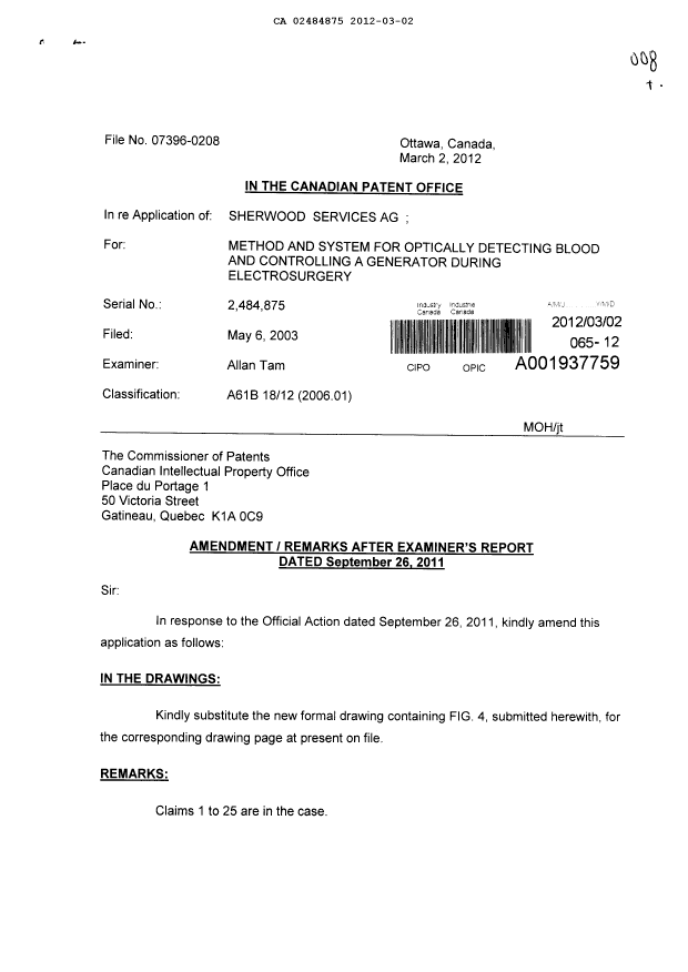 Canadian Patent Document 2484875. Prosecution-Amendment 20120302. Image 1 of 3