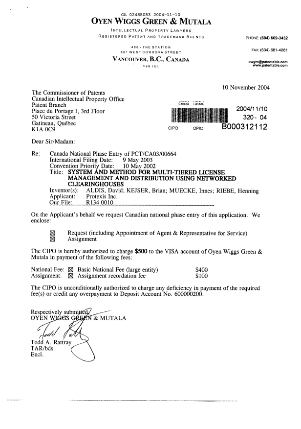 Document de brevet canadien 2485053. Cession 20041110. Image 1 de 6