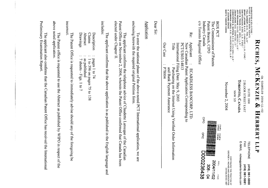 Document de brevet canadien 2485109. Cession 20041102. Image 1 de 9