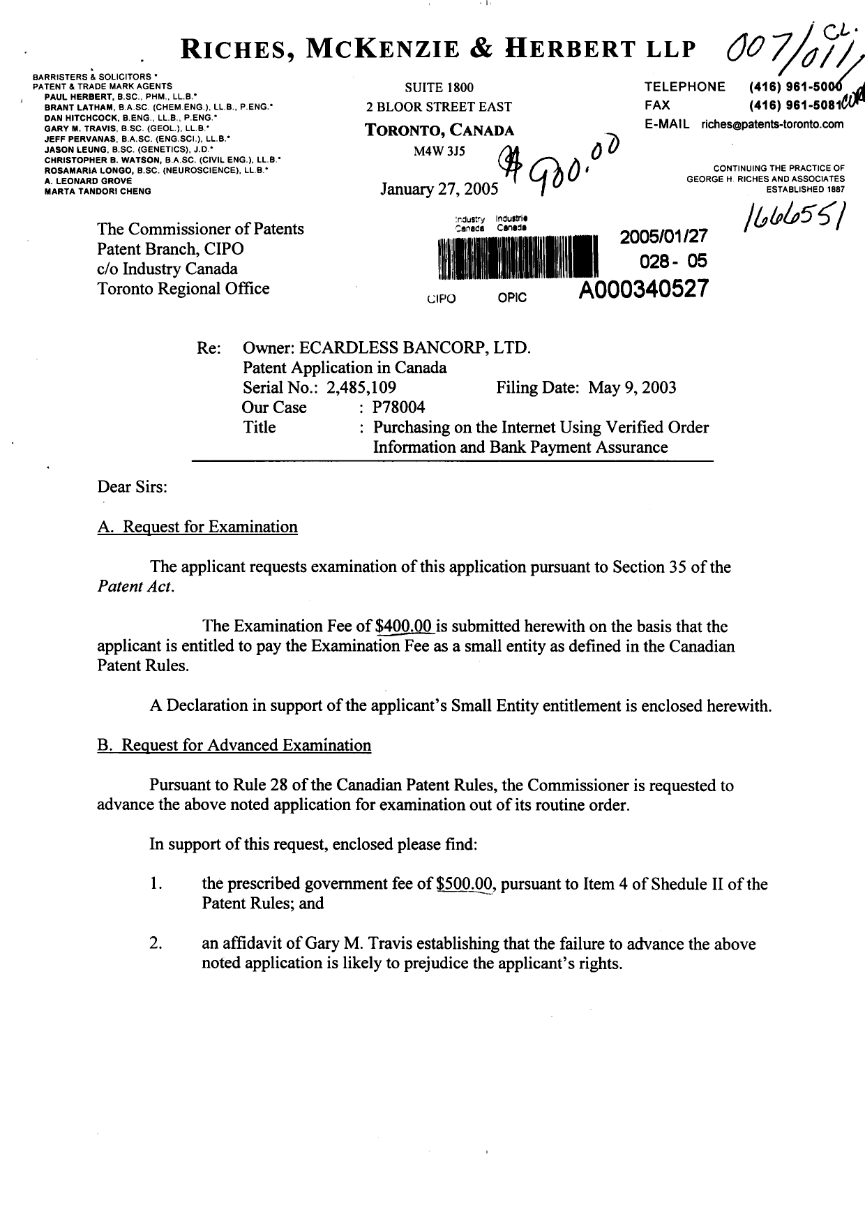 Document de brevet canadien 2485109. Correspondance 20041227. Image 1 de 3