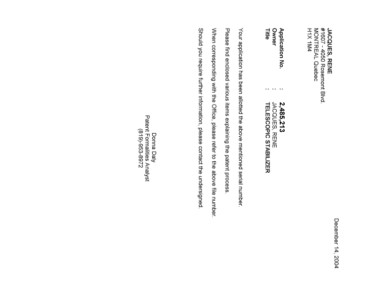 Document de brevet canadien 2485213. Correspondance 20031213. Image 1 de 1