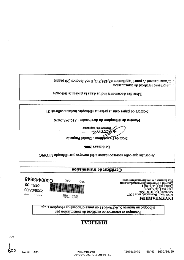 Document de brevet canadien 2485213. Poursuite-Amendment 20051203. Image 1 de 21