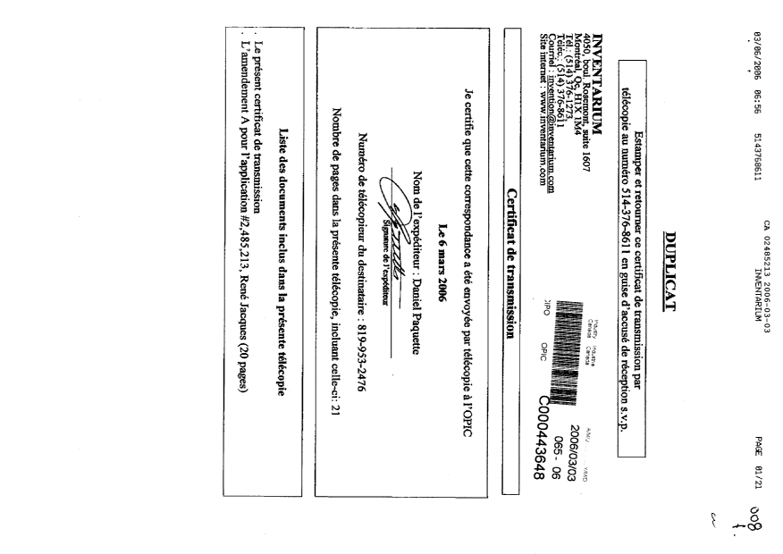 Canadian Patent Document 2485213. Prosecution-Amendment 20051203. Image 1 of 21