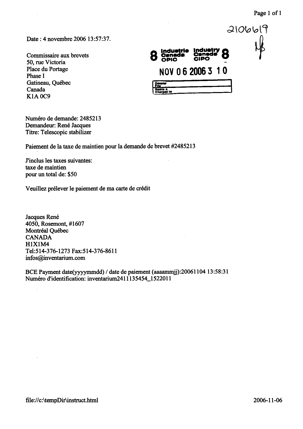Document de brevet canadien 2485213. Taxes 20051206. Image 1 de 1