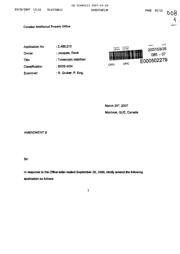 Document de brevet canadien 2485213. Poursuite-Amendment 20061226. Image 1 de 15
