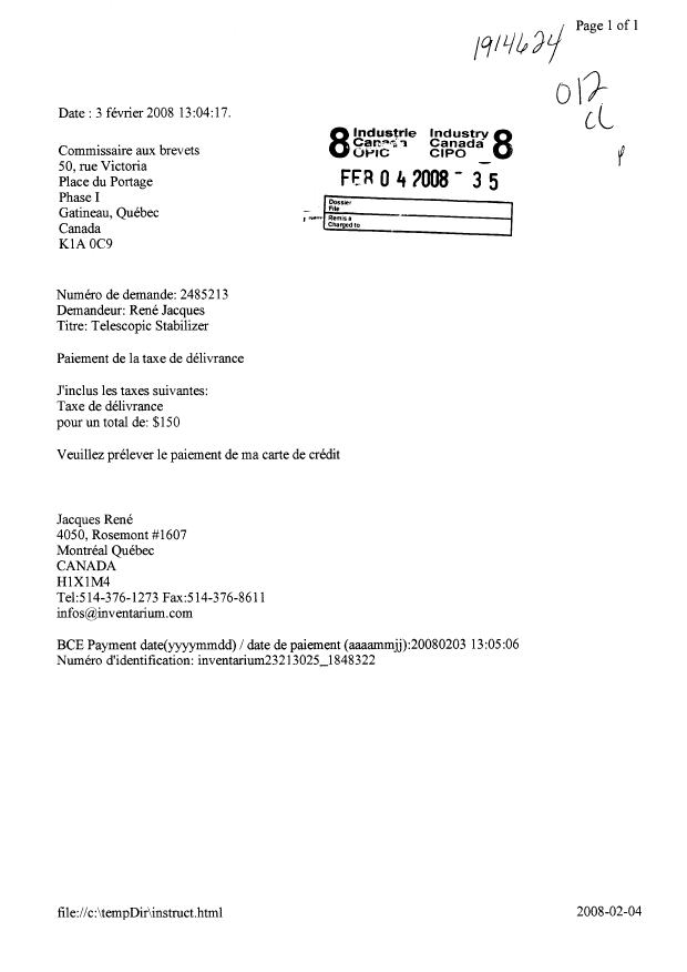 Document de brevet canadien 2485213. Correspondance 20071204. Image 1 de 1