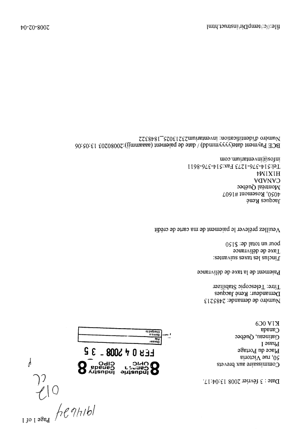 Canadian Patent Document 2485213. Correspondence 20071204. Image 1 of 1