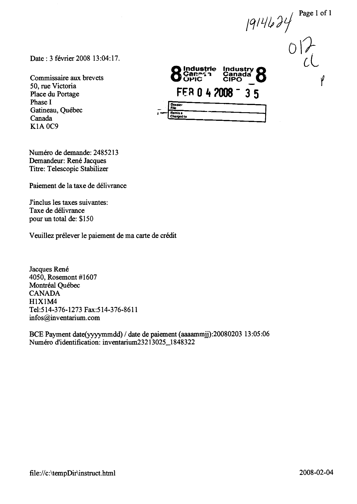 Document de brevet canadien 2485213. Correspondance 20071204. Image 1 de 1