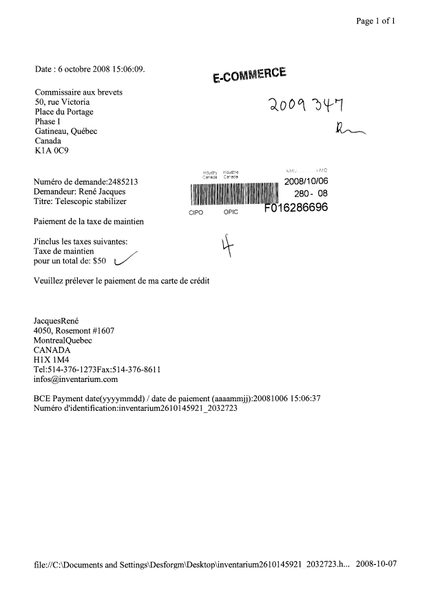 Document de brevet canadien 2485213. Taxes 20071206. Image 1 de 1