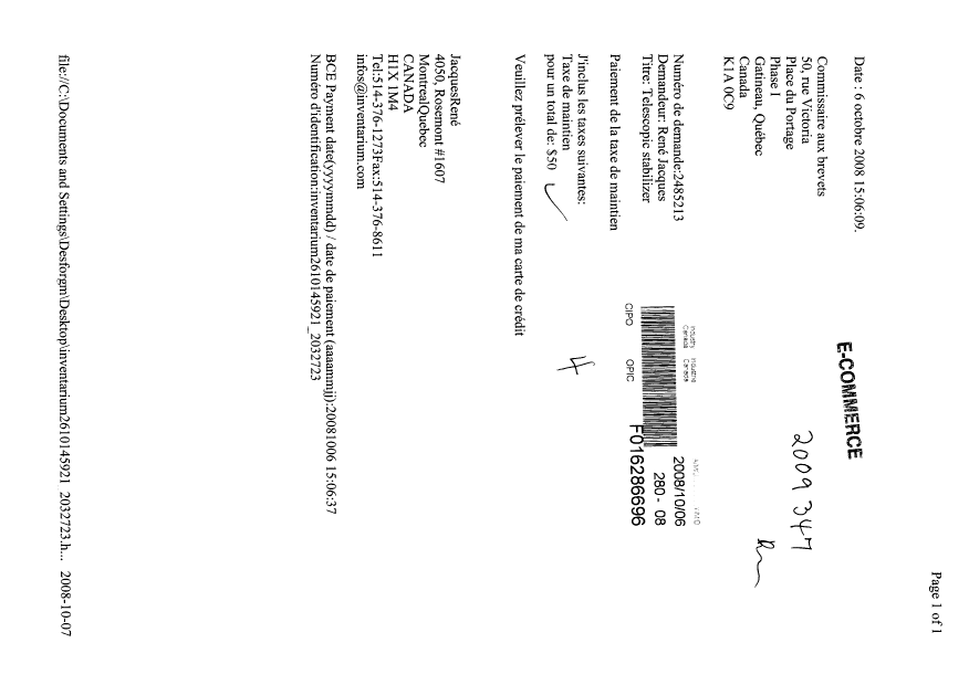 Canadian Patent Document 2485213. Fees 20071206. Image 1 of 1
