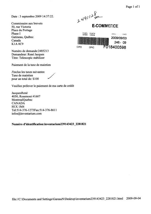 Document de brevet canadien 2485213. Taxes 20090903. Image 1 de 1