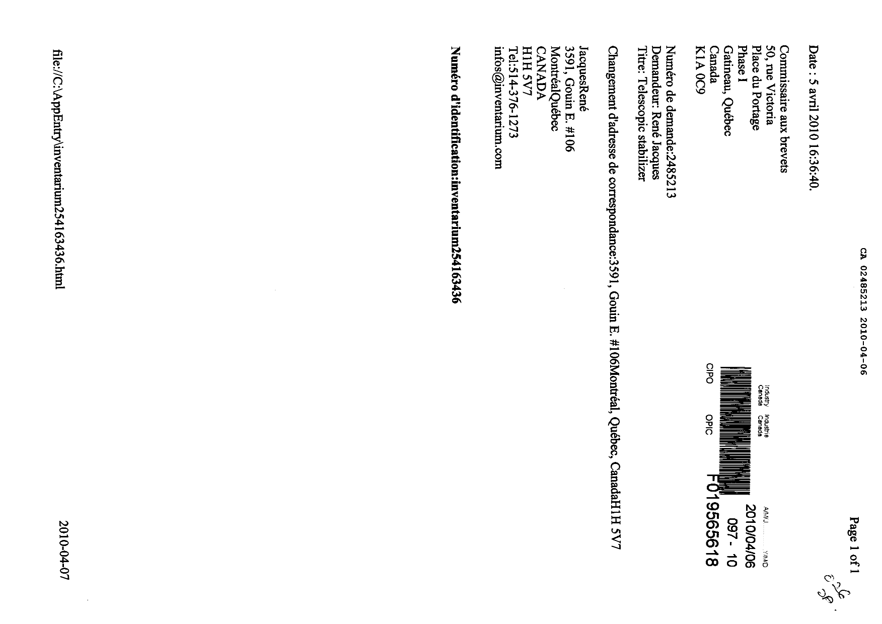 Document de brevet canadien 2485213. Correspondance 20091206. Image 1 de 1
