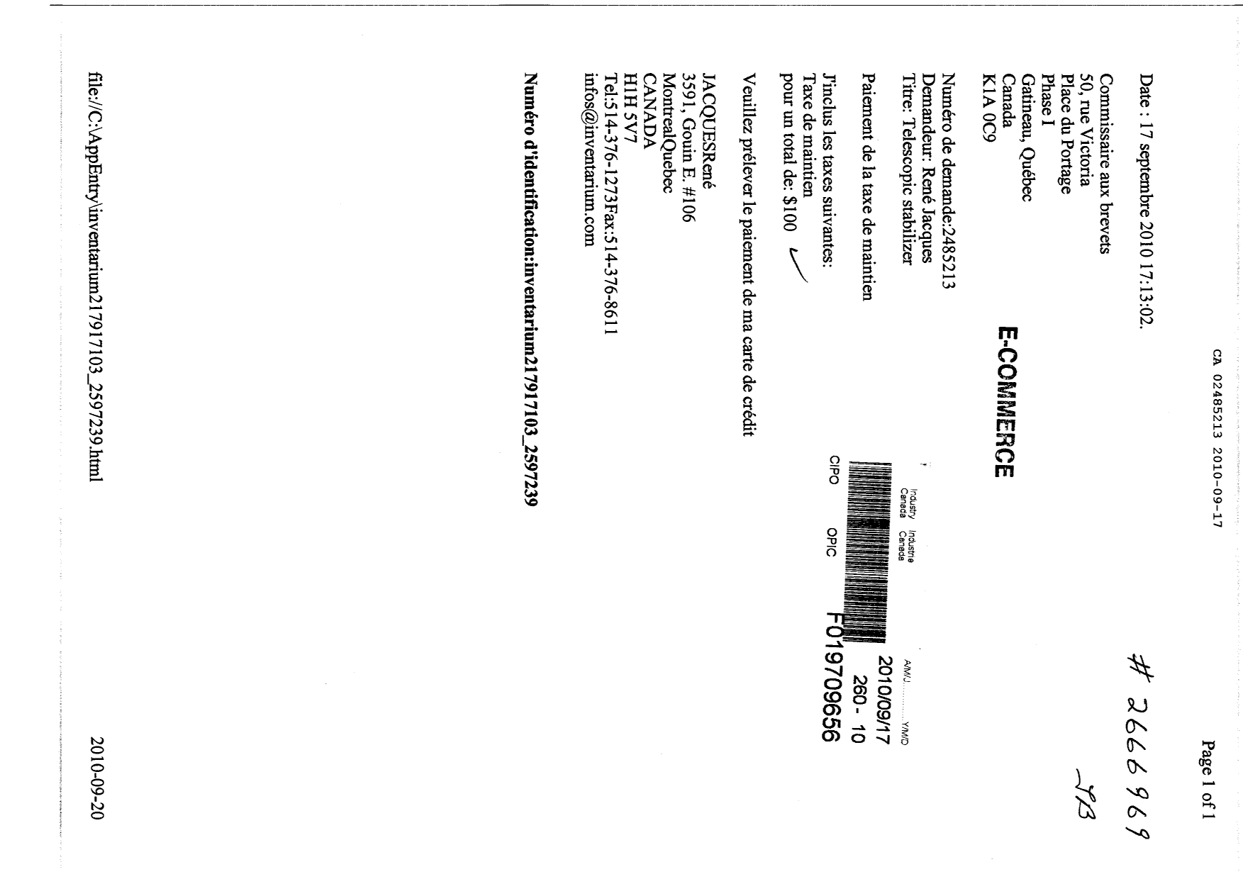 Document de brevet canadien 2485213. Taxes 20091217. Image 1 de 1
