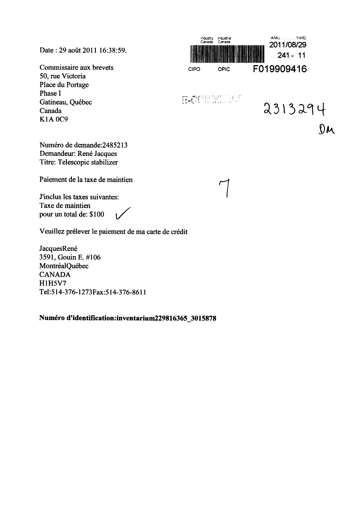 Document de brevet canadien 2485213. Taxes 20101229. Image 1 de 1
