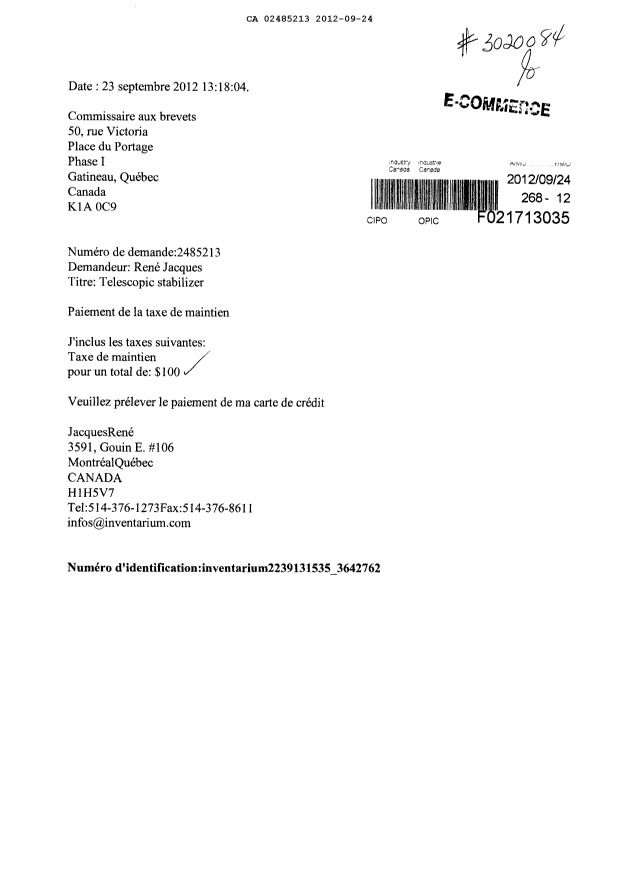 Document de brevet canadien 2485213. Taxes 20111224. Image 1 de 1
