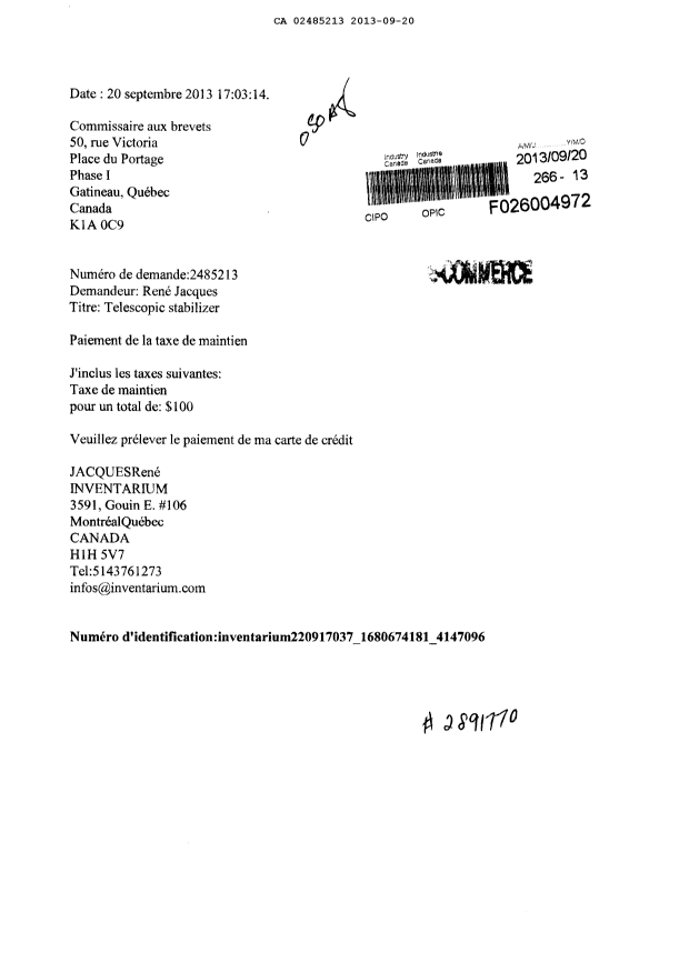 Document de brevet canadien 2485213. Taxes 20121220. Image 1 de 1