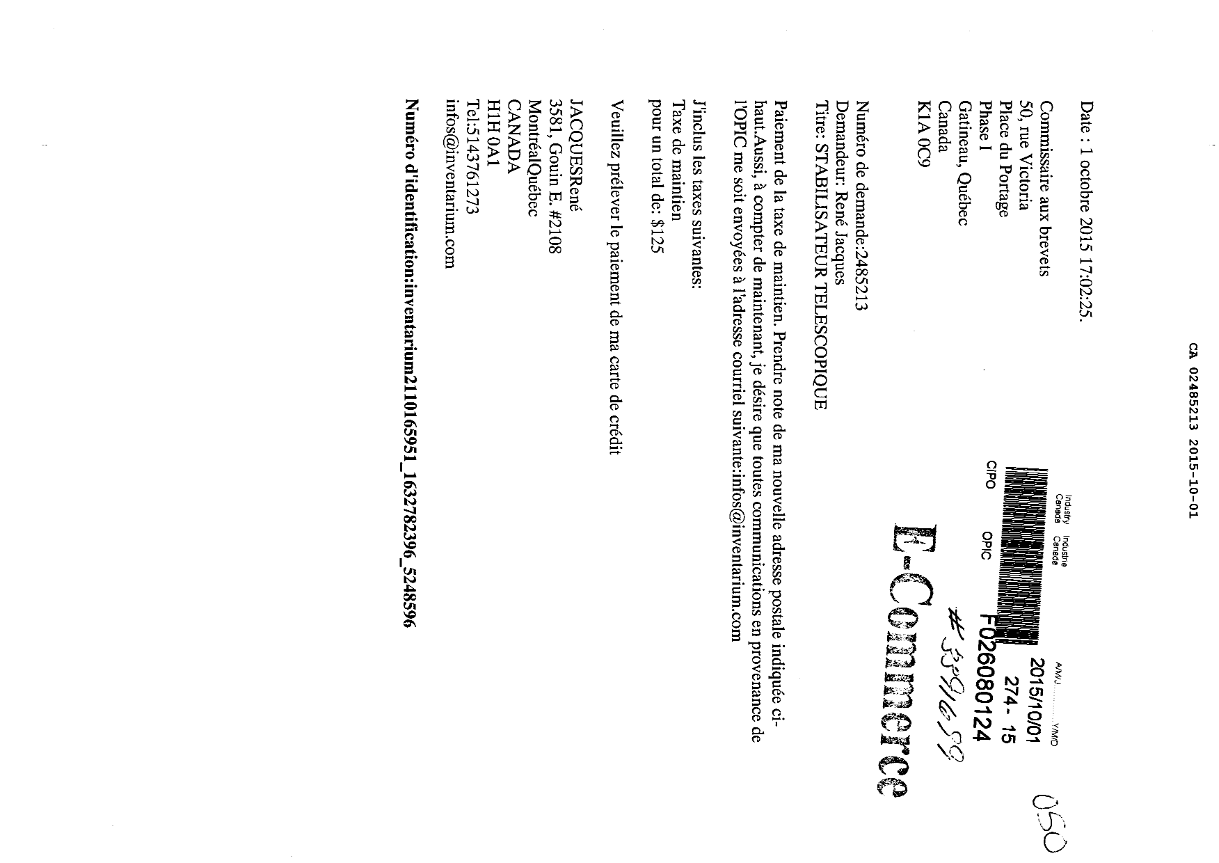 Document de brevet canadien 2485213. Taxes 20141201. Image 1 de 1