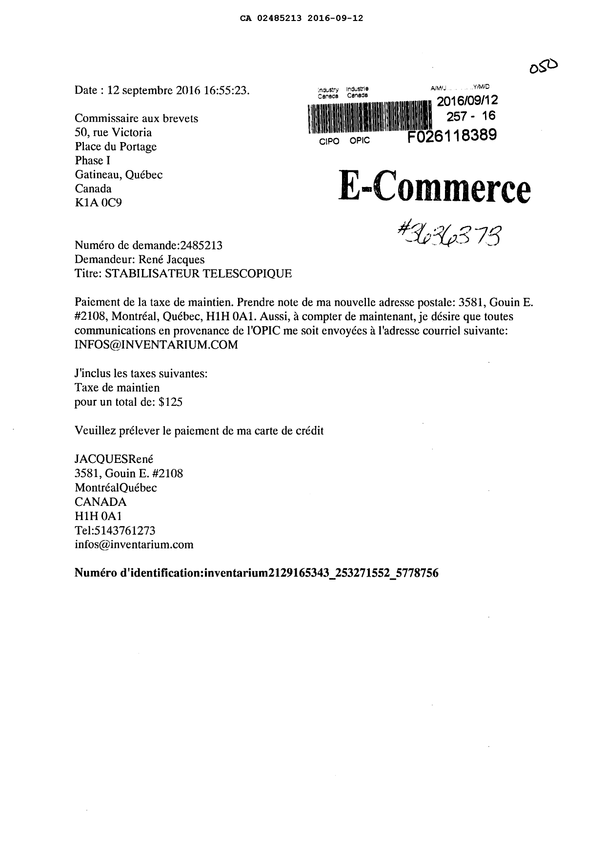 Document de brevet canadien 2485213. Taxes 20151212. Image 1 de 1
