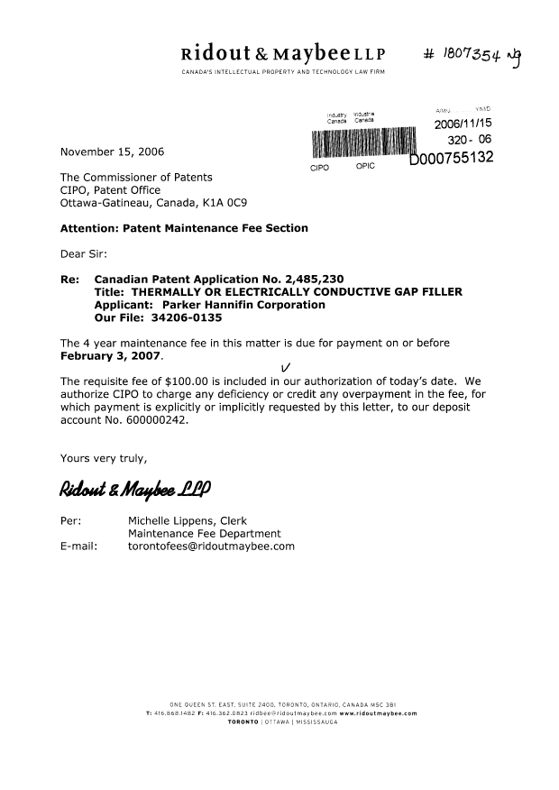 Canadian Patent Document 2485230. Fees 20061115. Image 1 of 1