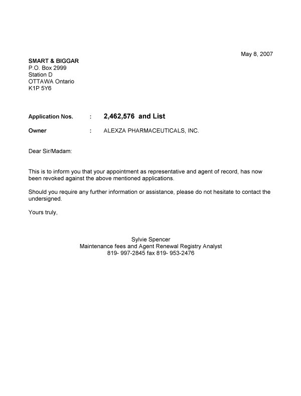 Document de brevet canadien 2485721. Correspondance 20070508. Image 1 de 1