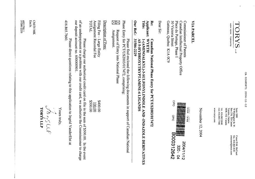 Canadian Patent Document 2485871. Assignment 20041112. Image 1 of 9