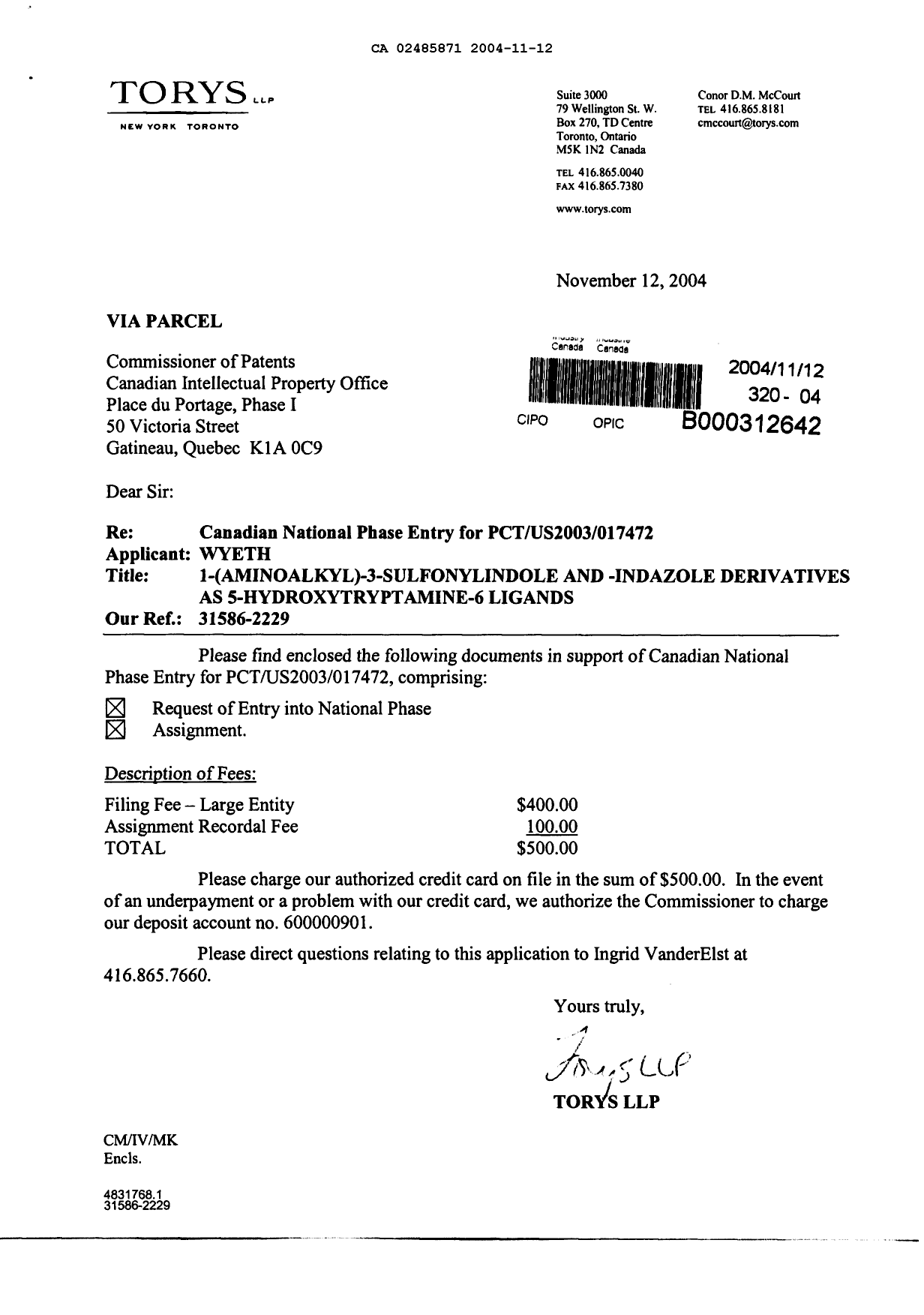 Canadian Patent Document 2485871. Assignment 20041112. Image 1 of 9