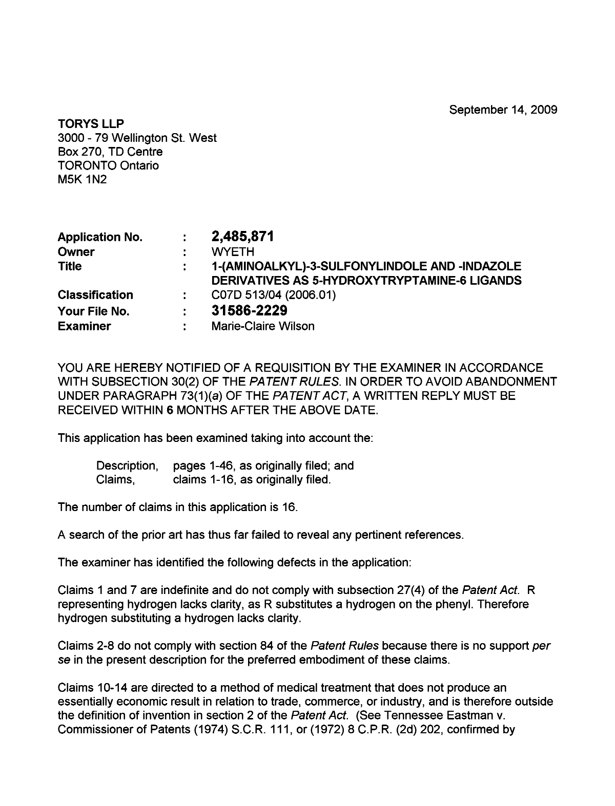 Canadian Patent Document 2485871. Prosecution-Amendment 20090914. Image 1 of 2