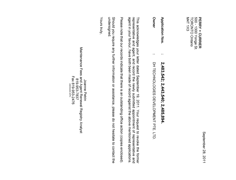 Canadian Patent Document 2485894. Correspondence 20110928. Image 1 of 1