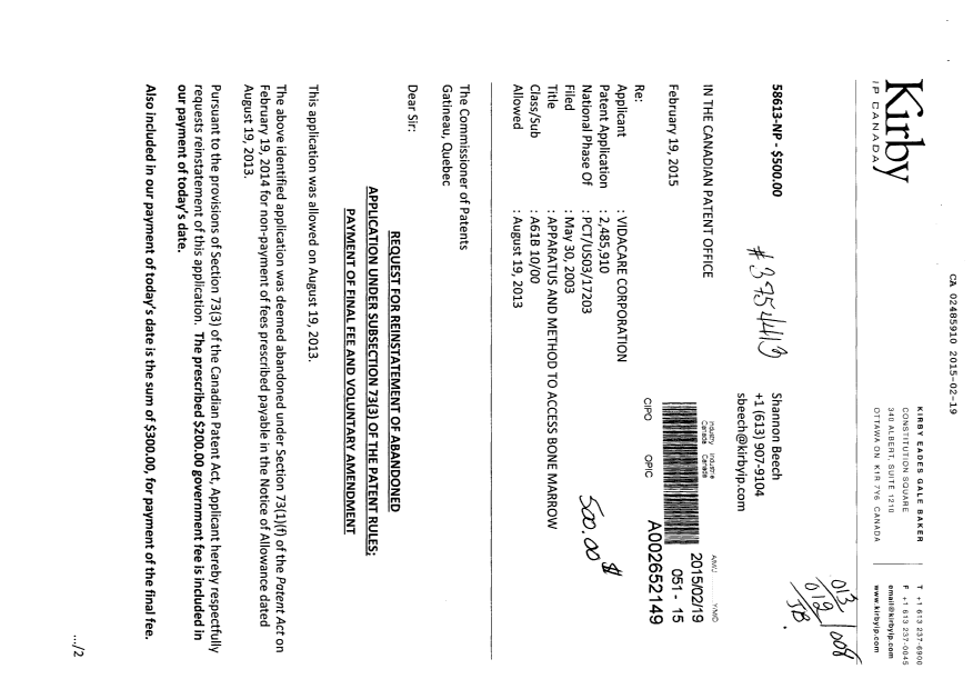 Canadian Patent Document 2485910. Prosecution-Amendment 20150219. Image 1 of 12