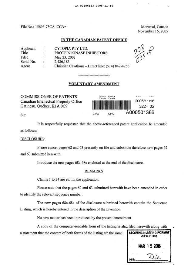 Document de brevet canadien 2486183. Poursuite-Amendment 20051116. Image 1 de 8