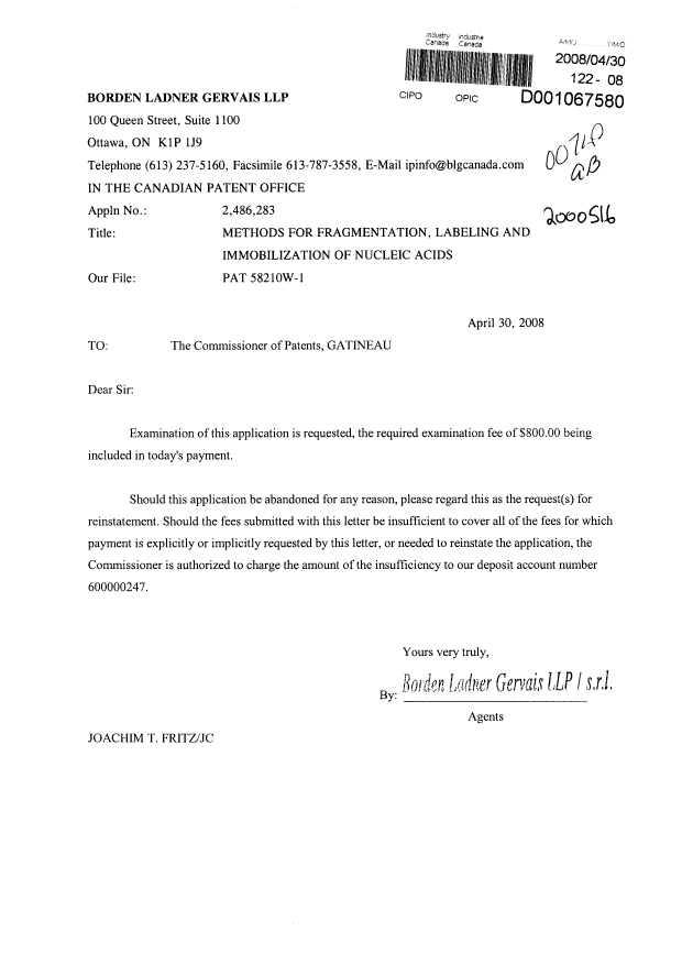 Canadian Patent Document 2486283. Prosecution-Amendment 20080430. Image 1 of 1