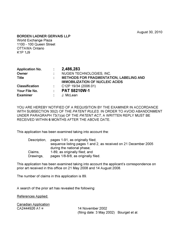 Document de brevet canadien 2486283. Poursuite-Amendment 20100830. Image 1 de 6