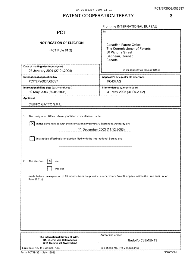 Document de brevet canadien 2486387. PCT 20041117. Image 1 de 12