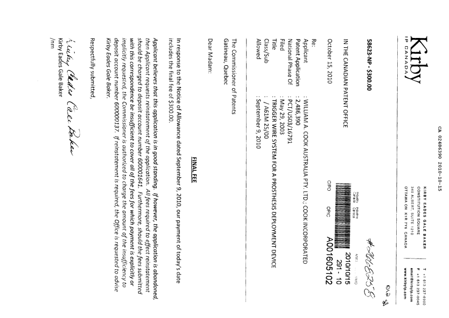 Canadian Patent Document 2486390. Correspondence 20101015. Image 1 of 1