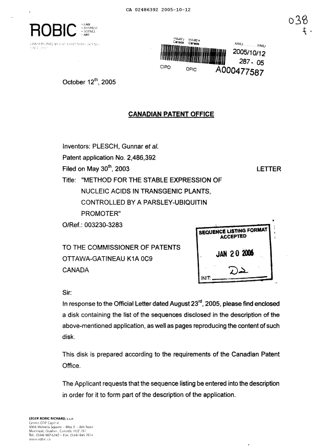 Canadian Patent Document 2486392. Prosecution-Amendment 20051012. Image 1 of 15