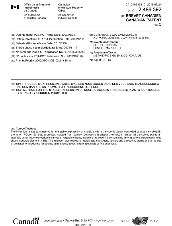 Document de brevet canadien 2486392. Page couverture 20150218. Image 1 de 1