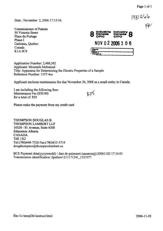 Document de brevet canadien 2486562. Taxes 20061102. Image 1 de 1