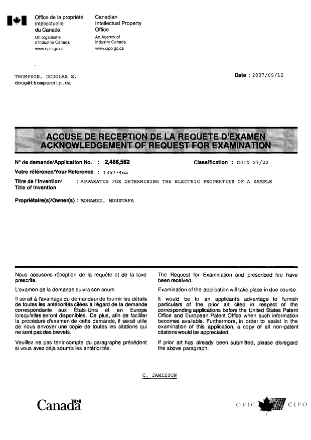 Document de brevet canadien 2486562. Correspondance 20070912. Image 1 de 1