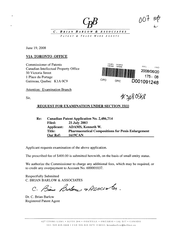 Canadian Patent Document 2486714. Prosecution-Amendment 20080620. Image 1 of 1