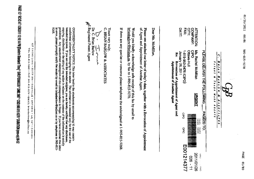 Canadian Patent Document 2486714. Correspondence 20110126. Image 1 of 17