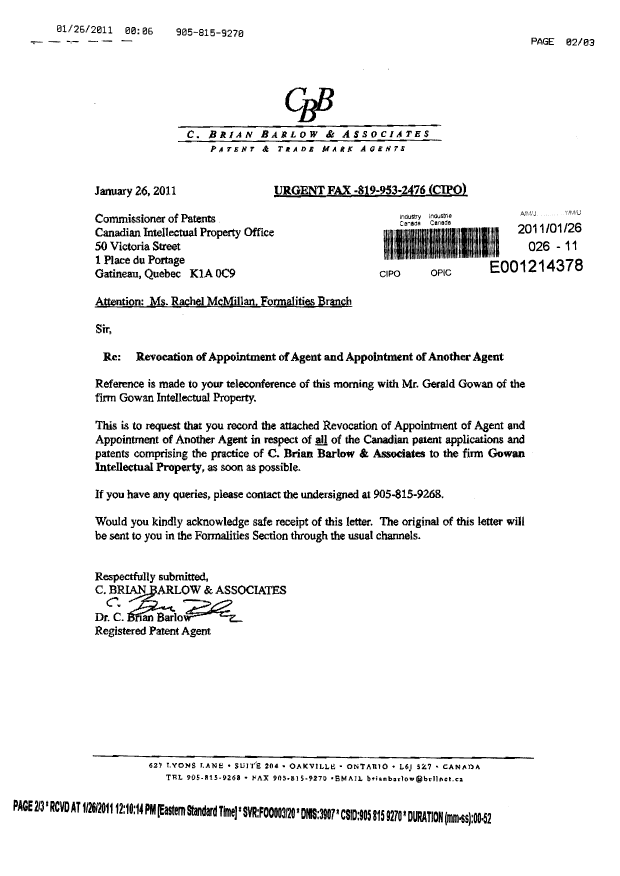 Canadian Patent Document 2486714. Correspondence 20110126. Image 2 of 17
