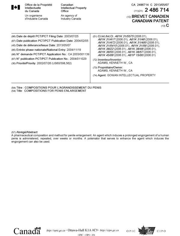 Canadian Patent Document 2486714. Cover Page 20130416. Image 1 of 1